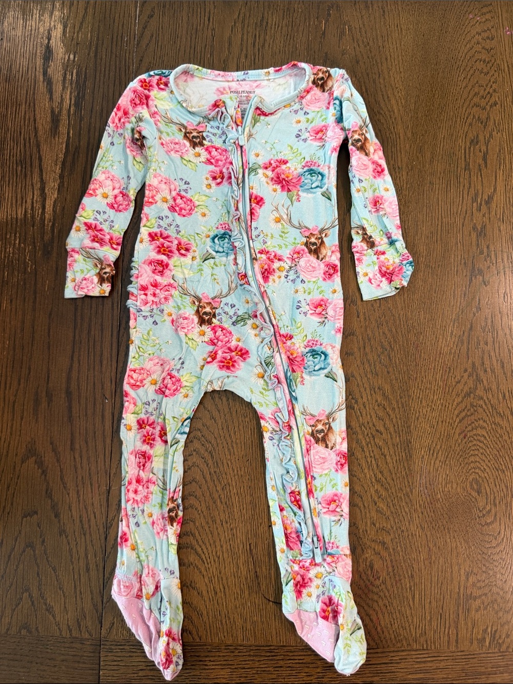 Posh Peanut BambooSleep Zip One-Piece Footed Pajamas - Floral Pink on Light Blue